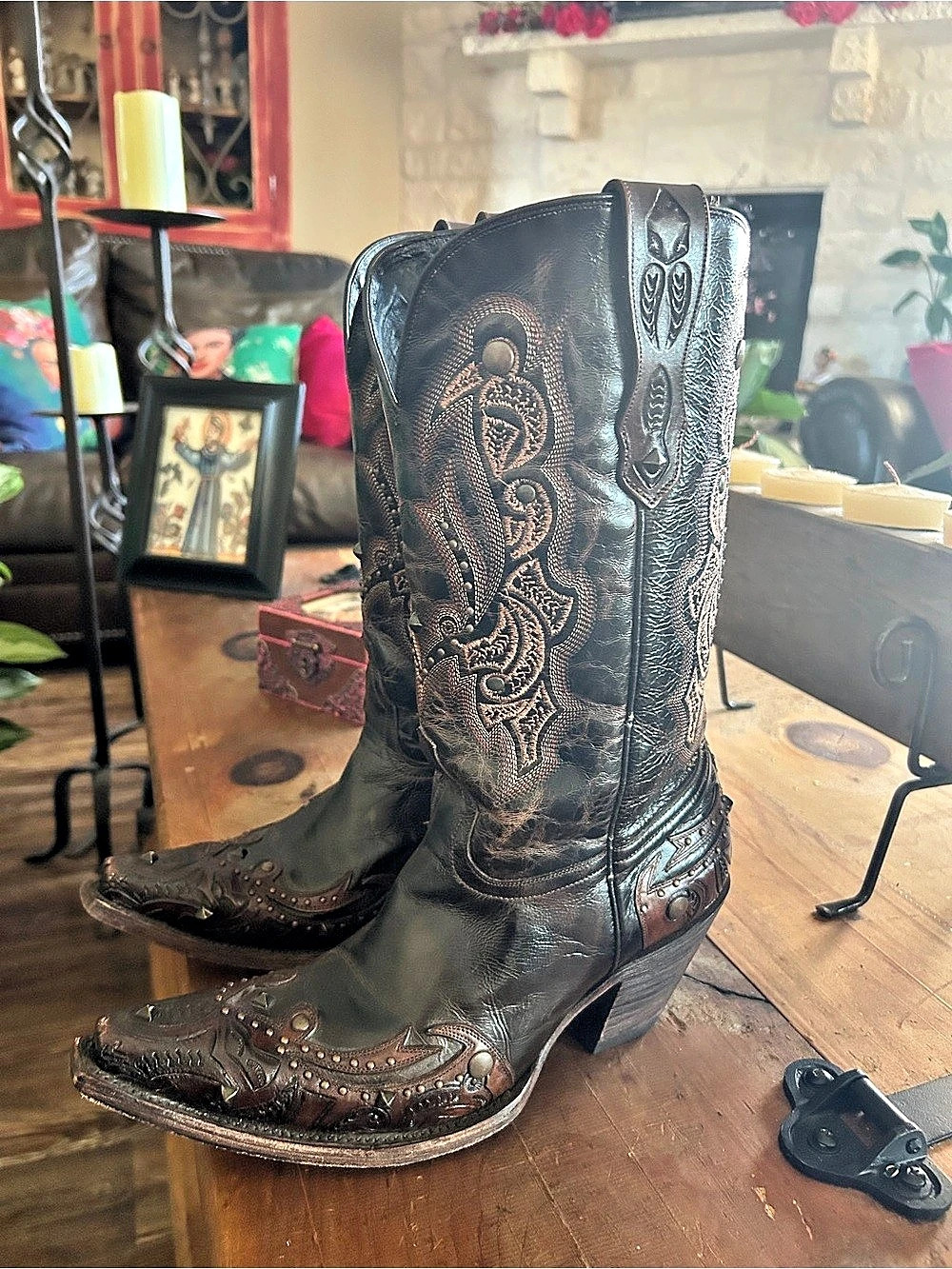 Luchese Women's Black-Brown Embroidery with Studs Snip Toe Boots